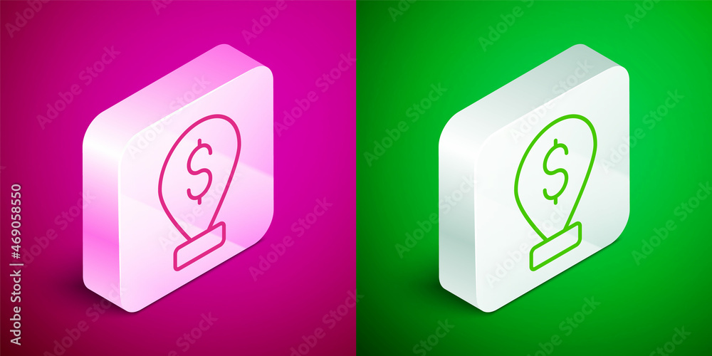 Isometric line Cash location pin icon isolated on pink and green background. Pointer and dollar symbol. Money location. Business and investment concept. Silver square button. Vector