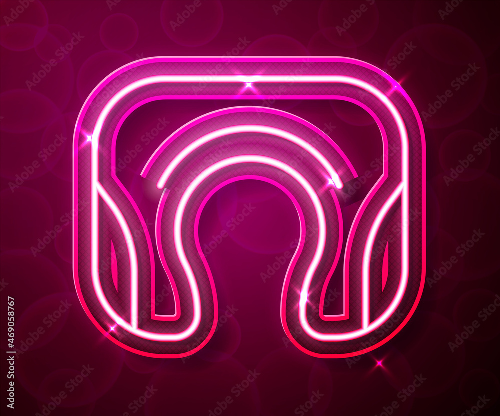 Glowing neon line Travel neck pillow icon isolated on red background. Pillow U-shaped. Vector Glowing neon line Travel neck pillow icon isolated on red background. Pillow U-shaped. Vector