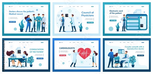 Collection of landing pages. Doctors care about the lives of patients, a consultation of doctors, the study of the results of tests. 2D characters