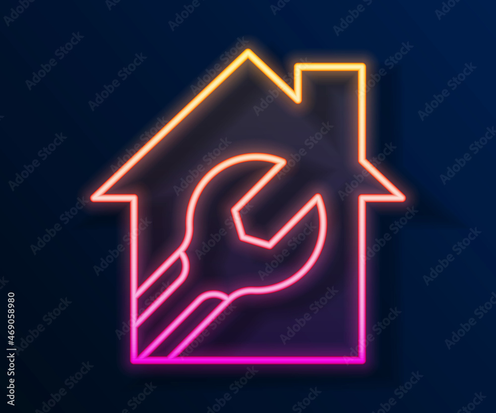 Glowing neon line House or home with wrench spanner icon isolated on black background. Adjusting, service, setting, maintenance, repair, fixing. Vector Glowing neon line House or home with wrench spanner icon isolated on black background. Adjusting, service, setting, maintenance, repair, fixing. Vector