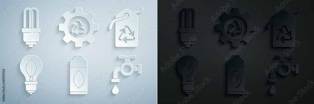 Obraz premium Set Recycling plastic bottle, Tag with recycle symbol, Light bulb leaf, Water tap, Recycle and gear and LED light icon. Vector