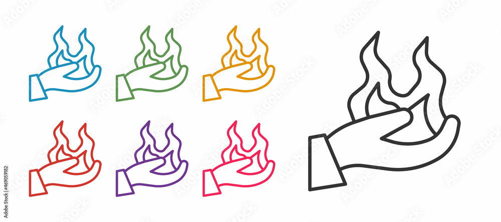 Fototapeta premium Set line Hand holding a fire icon isolated on white background. Set icons colorful. Vector