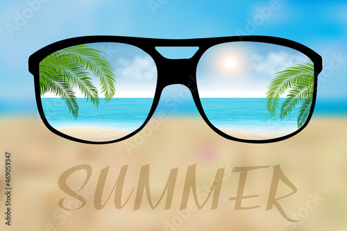Summer time glasses with palm trees and the sun