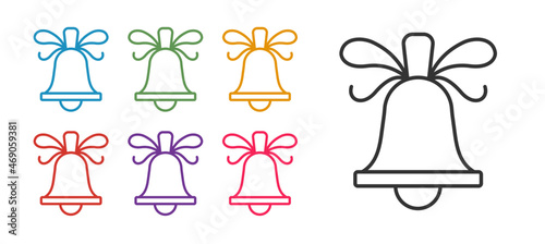 Set line Merry Christmas ringing bell icon isolated on white background. Alarm symbol, service bell, handbell sign, notification. Set icons colorful. Vector