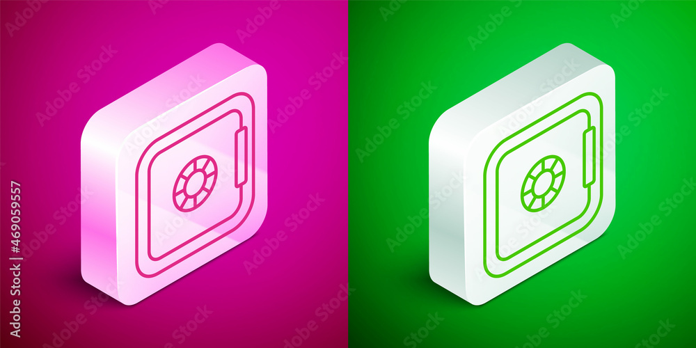 Isometric line Safe icon isolated on pink and green background. The door safe a bank vault with a combination lock. Reliable Data Protection. Silver square button. Vector Isometric line Safe icon isolated on pink and green background. The door safe a bank vault with a combination lock. Reliable Data Protection. Silver square button. Vector
