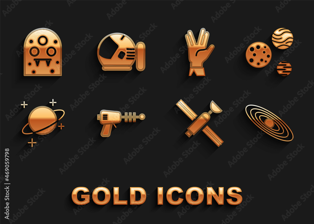 Set Ray gun, Planet, Satellite, Vulcan salute, Alien and Astronaut helmet icon. Vector Set Ray gun, Planet, Satellite, Vulcan salute, Alien and Astronaut helmet icon. Vector
