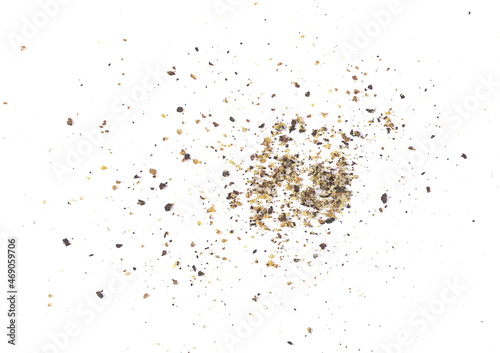 Black ground pepper powder, crushed pile isolated on white background, top view