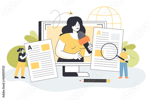 Female journalist giving report from TV and tiny people holding news sheets. Giving information via digital communication flat vector illustration. Social media types, press and television concept