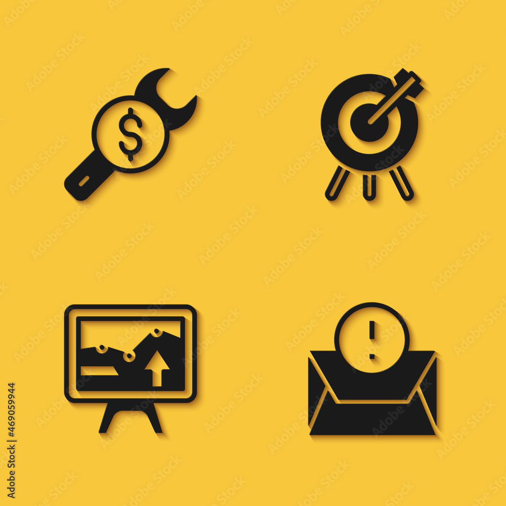 Set Repair price, Envelope, Monitor with graph chart and Target financial goal icon with long shadow. Vector Set Repair price, Envelope, Monitor with graph chart and Target financial goal icon with long shadow. Vector