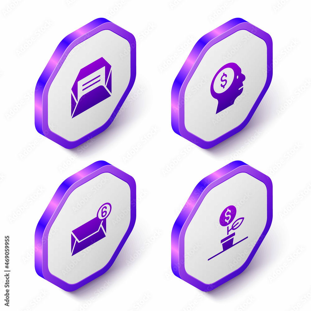 Set Isometric Envelope, Business man planning mind, Mail and e-mail and Dollar plant icon. Purple hexagon button. Vector Set Isometric Envelope, Business man planning mind, Mail and e-mail and Dollar plant icon. Purple hexagon button. Vector