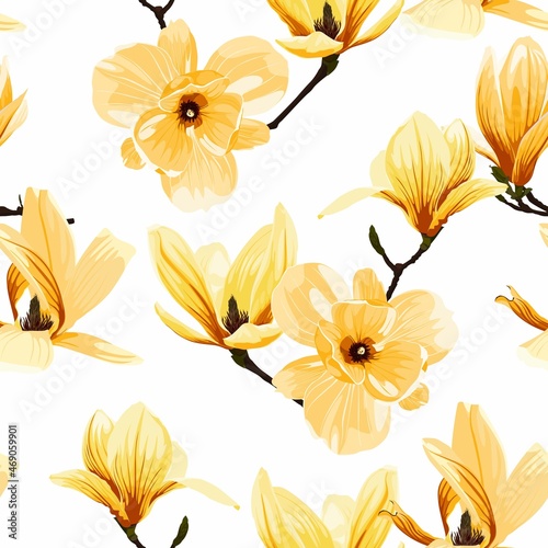 Seamless floral pattern with yellow tropical magnolia flowers branch on white background. Template design for textiles, interior, clothes, wallpaper. Botanical art. Engraving style.