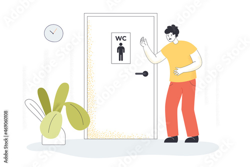 Young man having stomachache and diarrhea waiting at toilet door. Male character needing to get to bathroom for peeing flat vector illustration. Medical and healthcare concept