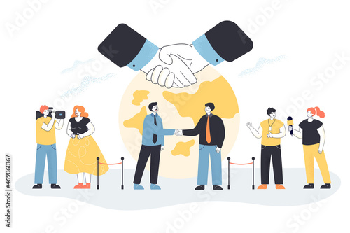 Tiny politic characters having public meeting. Representatives of embassies having economy crisis discussion flat vector illustration. International friendship and peace, democracy, diplomacy concept