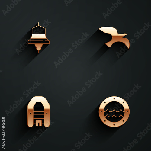 Set Ship bell, Bird seagull, Inflatable boat with motor and porthole icon with long shadow. Vector