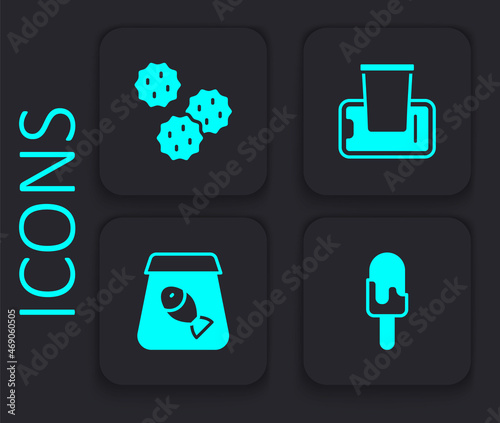 Set Ice cream, Cookie or biscuit, Food ordering on mobile and Online fish icon. Black square button. Vector