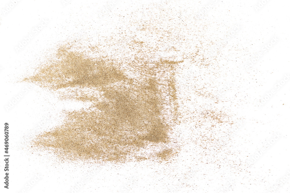 Sand pile scatter isolated on white background and texture, with clipping path, top view