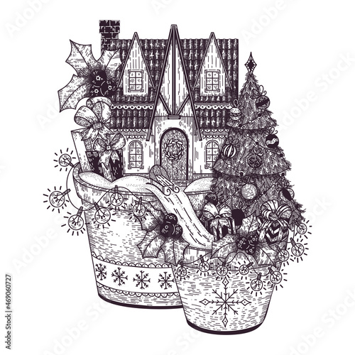 Christmas vector illustration with winter houses, fir tree, gifts, candy and mistletoe branches in flowers pot. Festive winter decor. Cute picture for a Christmas card, packaging, decor.