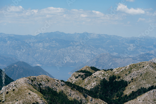 Mountain range around the Bay of Kotor in the fog. Montenegro © Nadtochiy