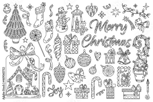 Large vector collection Christmas elements in doodle engraving graphic style. New year decoration set, outline hand drawn elements. Romantic illustration, greeting card. Winter template.