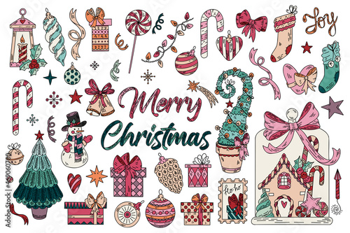 Large vector collection Christmas elements in doodle engraving graphic style. New year decoration set, colors hand drawn elements. Romantic illustration, greeting card. Winter template.