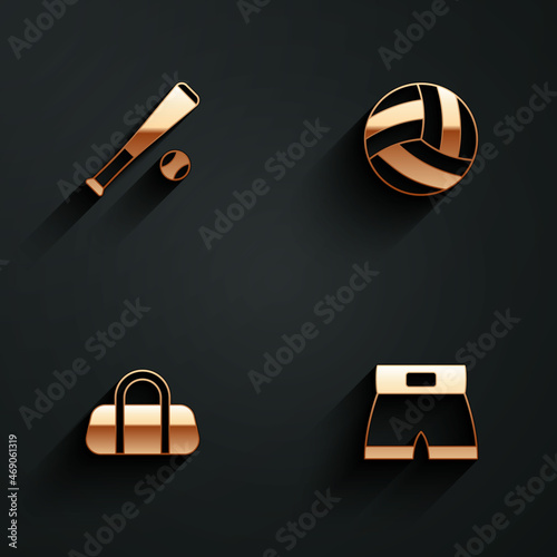 Set Baseball bat with ball, Volleyball, Sport bag and Boxing short icon with long shadow. Vector