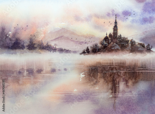 The castle on the hill is reflected in the water. Foggy morning. Watercolor. Illustration