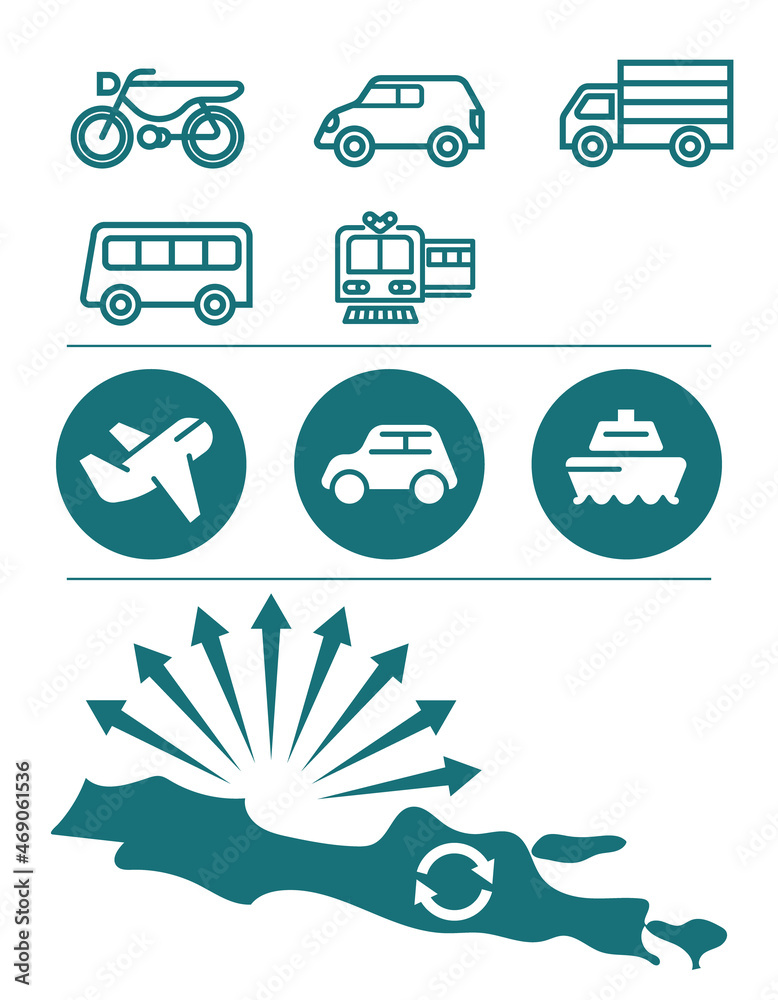 Set Icon of Transportation Equipment and Java Island. used for infographics on the implementation of the transportation restriction program in Indonesia Set Icon of Transportation Equipment and Java Island. used for infographics on the implementation of the transportation restriction program in Indonesia