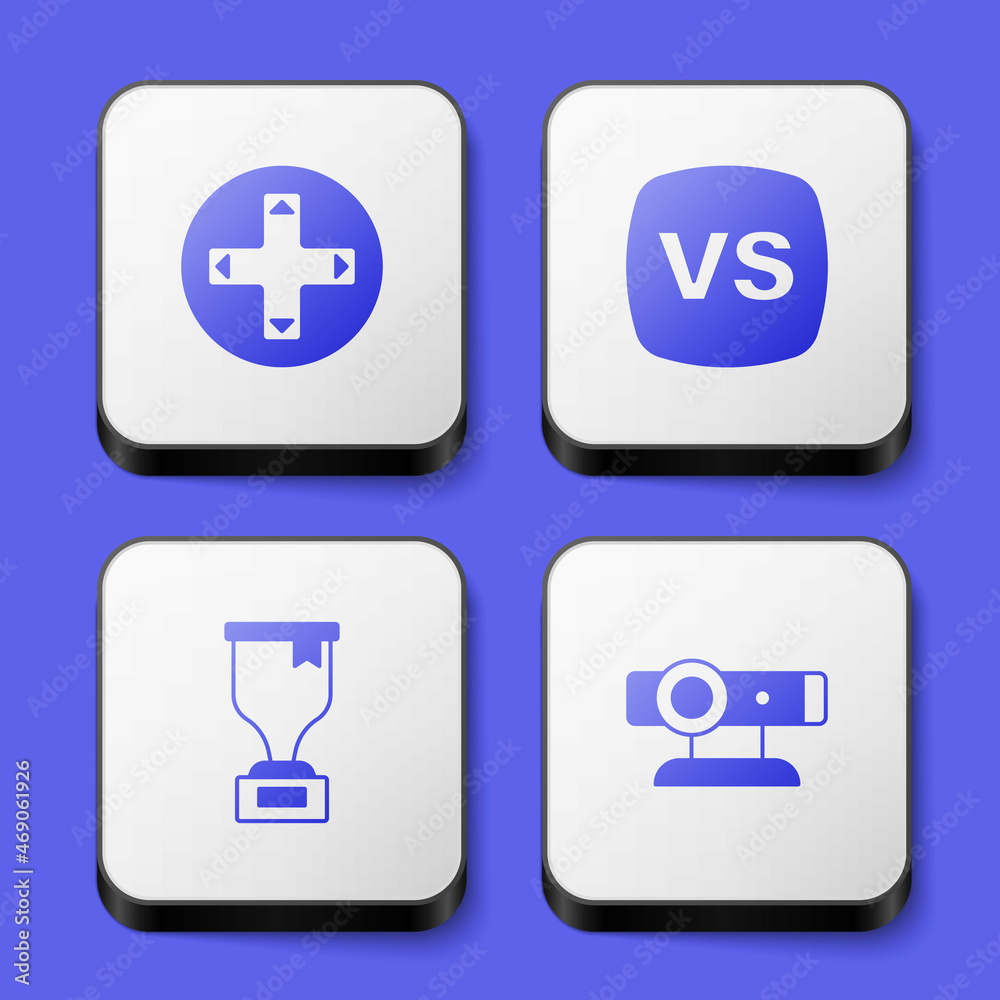 Set Game controller or joystick, VS Versus battle, Award cup and Web camera icon. White square button. Vector Set Game controller or joystick, VS Versus battle, Award cup and Web camera icon. White square button. Vector