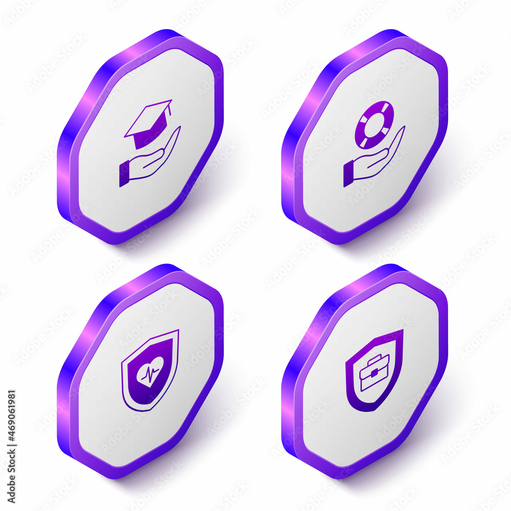 Set Isometric Education grant, Lifebuoy in hand, insurance with shield and Briefcase icon. Purple hexagon button. Vector Set Isometric Education grant, Lifebuoy in hand, insurance with shield and Briefcase icon. Purple hexagon button. Vector