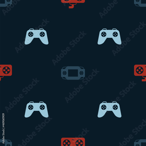 Set Game controller or joystick, Portable video game console and on seamless pattern. Vector