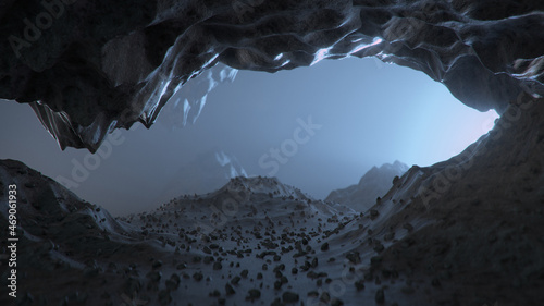 Fotografiet Mysterious cave with fog 3D rendering illustration