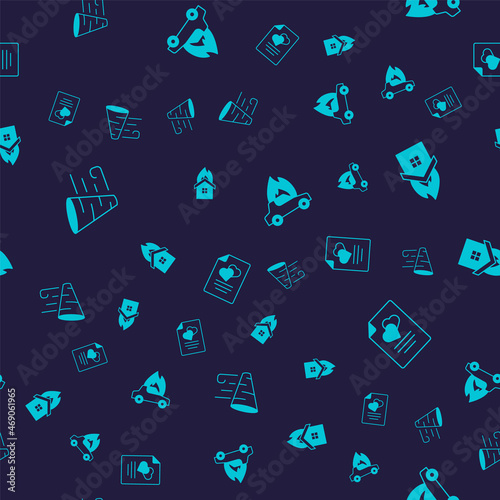 Set Tornado, Fire in burning house, Burning car and Marriage contract on seamless pattern. Vector