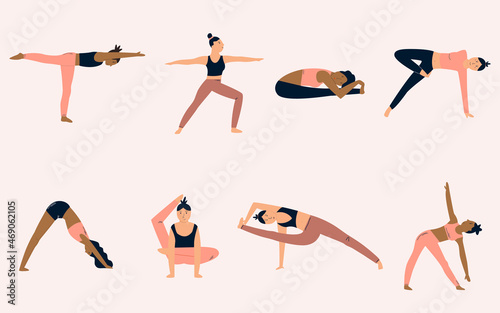 Group of girls doing yoga. Characters in different asanas