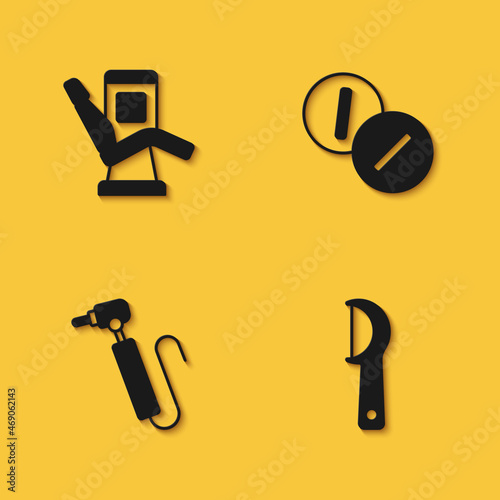 Set Medical dental chair, Dental floss, Tooth drill and Toothache painkiller tablet icon with long shadow. Vector