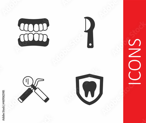 Set Dental protection, Dentures model, mirror and probe and floss icon. Vector