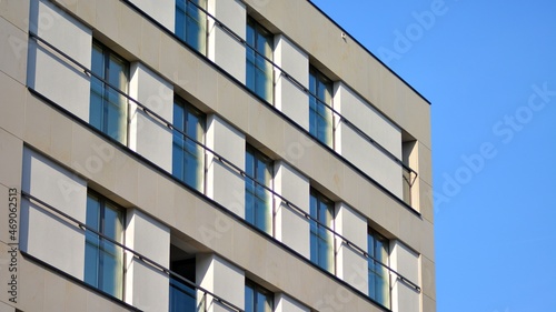 Modern apartment building in sunny day. Exterior, residential house facade.