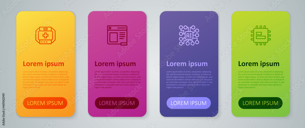 Set line Neural network, Processor CPU, First aid kit and Browser window. Business infographic template. Vector Set line Neural network, Processor CPU, First aid kit and Browser window. Business infographic template. Vector