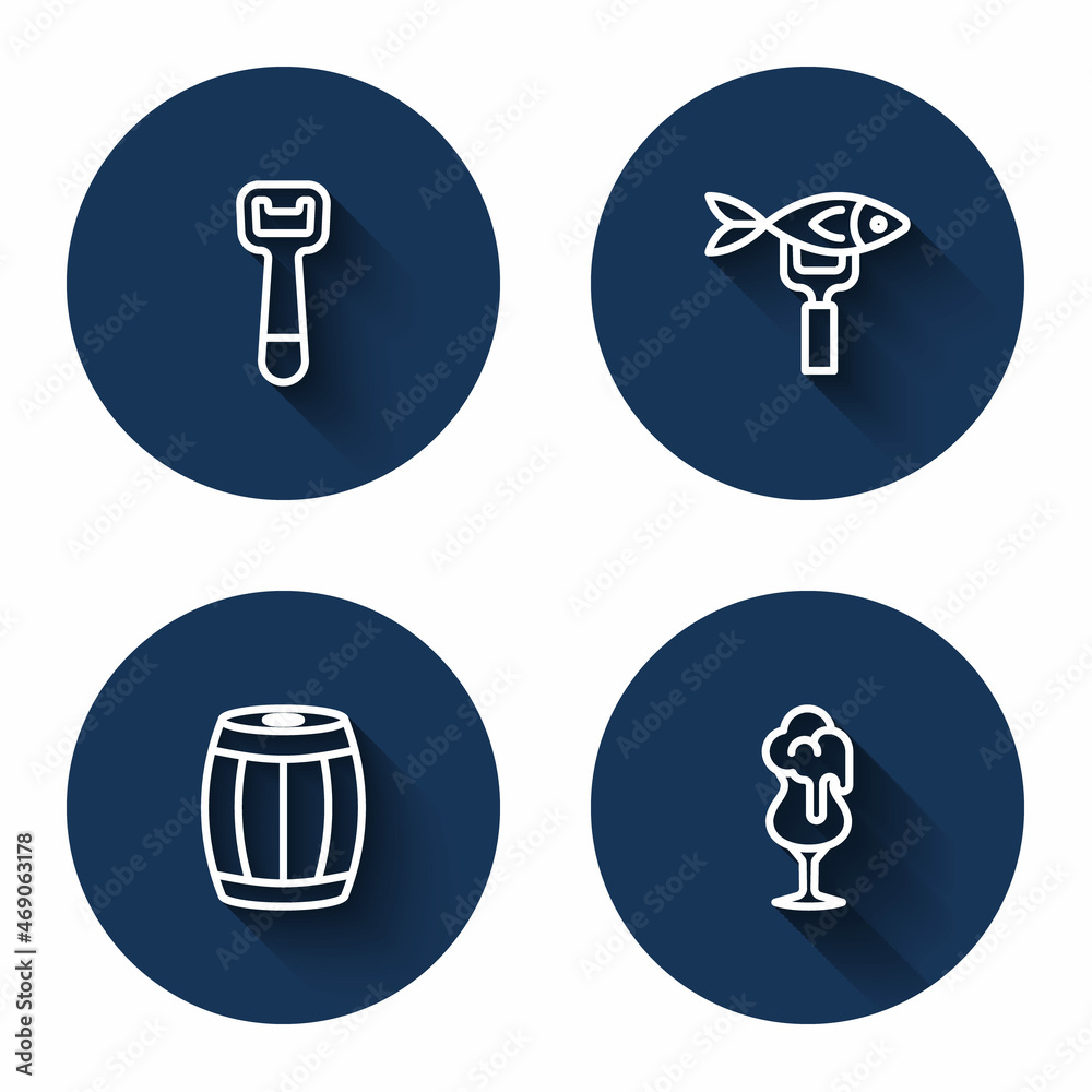 Set line Bottle opener, Dried fish, Wooden barrel and Glass of beer with long shadow. Blue circle button. Vector Set line Bottle opener, Dried fish, Wooden barrel and Glass of beer with long shadow. Blue circle button. Vector