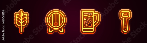 Set line Wheat, Wooden barrel on rack, Glass of beer and Bottle opener. Glowing neon icon. Vector