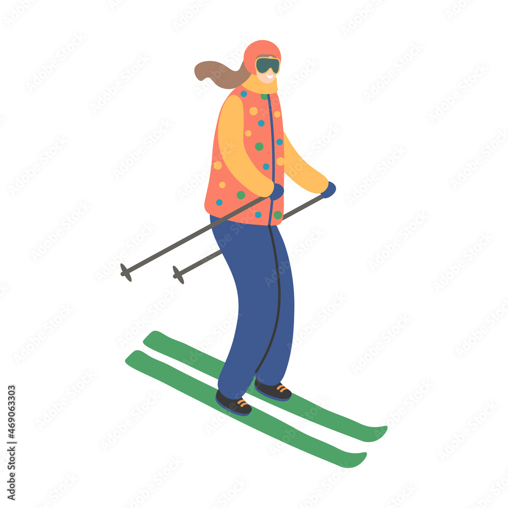 Woman skiing. Winter sport activity. Flat vector illustration isolated on white background