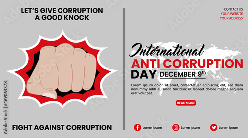 International anti corruption day banner with a hand punch for fighting against corruption