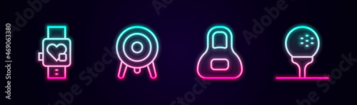 Set line Smart watch with heart, Target sport, Weight and Golf ball on tee. Glowing neon icon. Vector