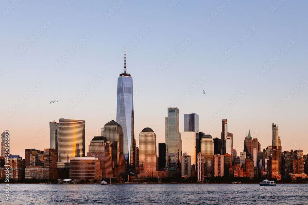 Fototapeta premium Sunset view on World Trade Center. Seagulls in the sky.