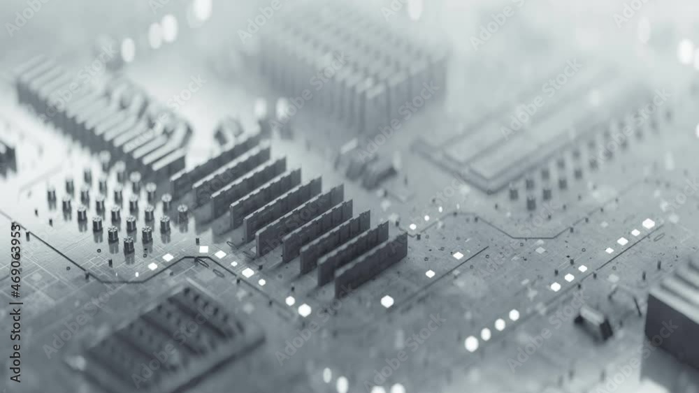 White high tech electronic board. Abstract futuristic industry concept. Seamless loop 3D render animation with depth of field