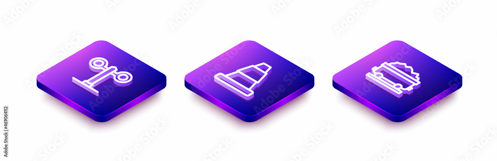 Set Isometric line Train traffic light, Traffic cone and Coal train wagon icon. Vector Set Isometric line Train traffic light, Traffic cone and Coal train wagon icon. Vector