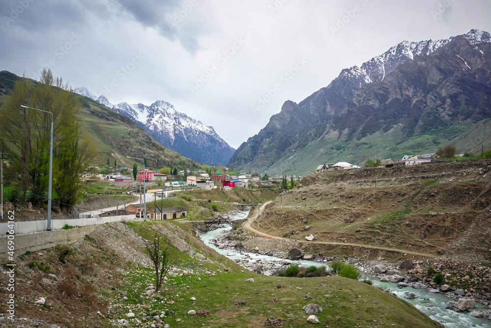 Naklejka premium Beautiful landscape of a mountain village in the Caucasus