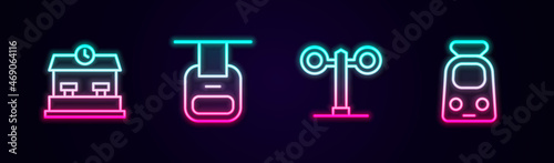 Set line Railway station, Cable car, Train traffic light and and railway. Glowing neon icon. Vector