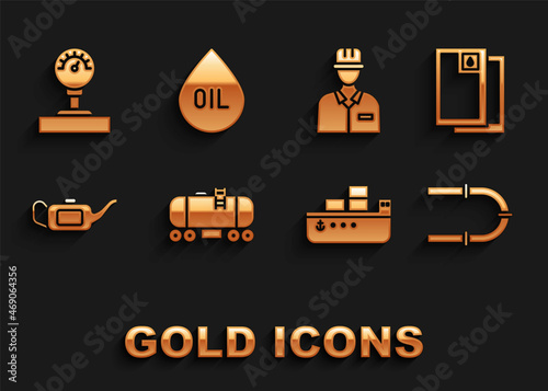 Set Oil railway cistern, Barrel oil, Industry pipe, tanker ship, Canister for motor, Oilman, Gauge scale and drop icon. Vector