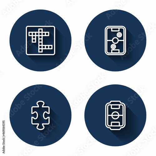 Set line Crossword, Air hockey table, Puzzle pieces toy and Table football with long shadow. Blue circle button. Vector
