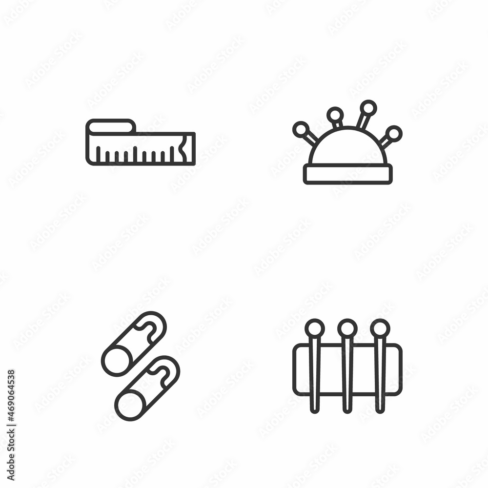 Set line Needle for sewing, Closed steel safety pin, Tape measure and bed and needles icon. Vector Set line Needle for sewing, Closed steel safety pin, Tape measure and bed and needles icon. Vector